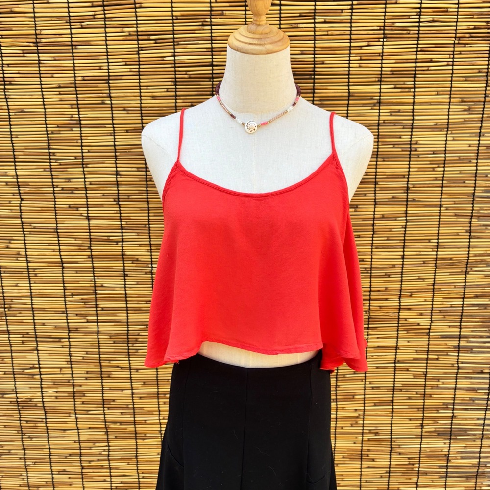 Farm Rio Red Viscose Cropped Camisole Spaghetti Strap Deep Scoop Back Top